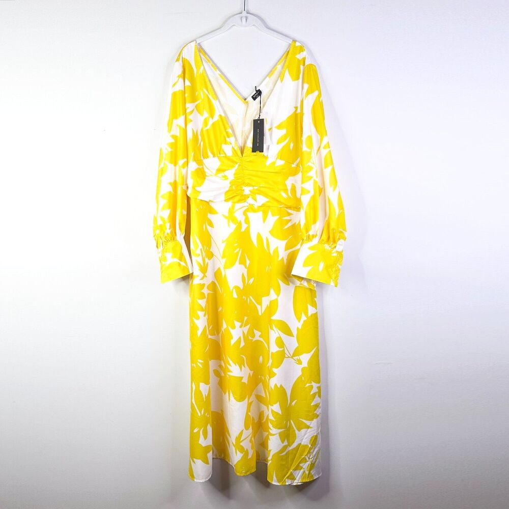 Vonda Dress Women 1X 2X Plus Yellow White Floral Maxi Deep V-neck Regency NWT